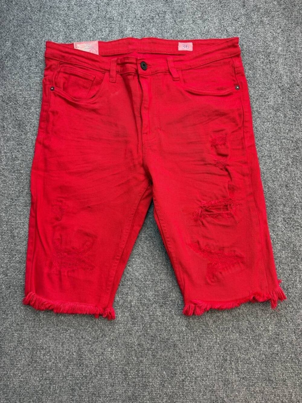 Smoke Rise DNM Co Men Red Distressed Denim Bermuda Shorts Size 36